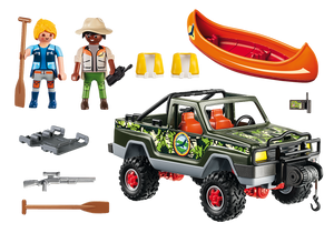 Pick Up de Playmobil Wild Life para vivir miles de aventuras. Incluye 2 figuras, canoa, pick up y varios pequeños accesorios mas. Con cable y barra de remolque ajustable a la altura. El capó del motor y la puerta trasera se pueden abrir. La canoa flota y se coloca en la baca. Medidas: 27 x 12 x 13 cm (LxPxA