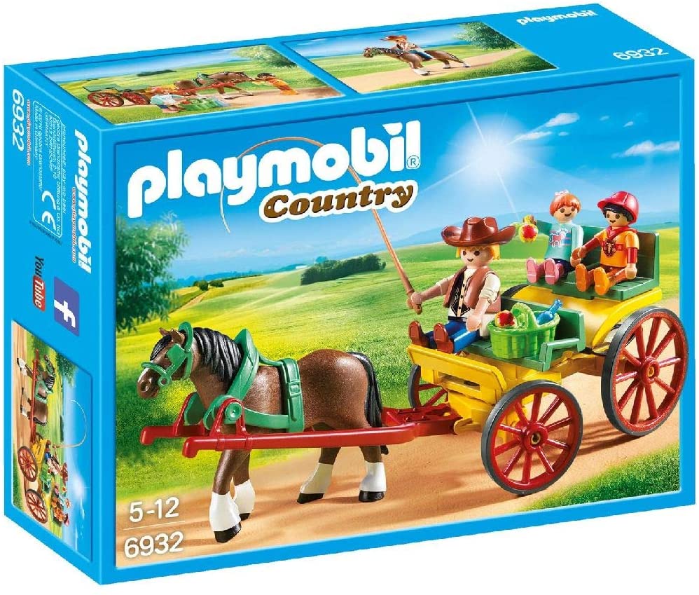 Playmobil carruaje con caballos En el carruaje caben 4 figuras y es tirado por un caballo Cesto de picnic con 2 manzanas y botella Incluye 3 figuras (adulto, niño y niña) 