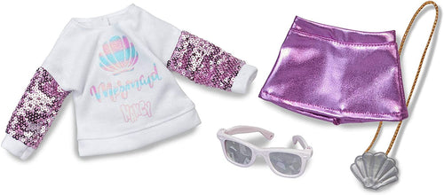 Nancy Conjunto Summer Party Famosa 700014430 jersey blanco con lentejuelas rosa minifalda rosa bolso concha plata y gafas