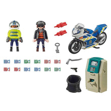 Cargar imagen en el visor de la galería, El set contiene dos figuras de PLAYMOBIL, una moto, un cajero automático, una palanca, un saco, billetes y muchos otros extras.