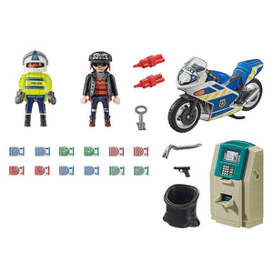 El set contiene dos figuras de PLAYMOBIL, una moto, un cajero automático, una palanca, un saco, billetes y muchos otros extras.