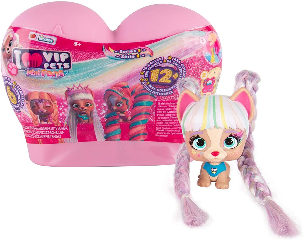 Vip Pets Mini Fans Serie 1 IMC Toys 711891 vienen en una cápsula en forma de corazón mascotas con pelo super largo para peinar