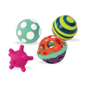 Ball a Ballos BX1462 Set de 4 pelotas con Actividades B Toys 71462 texturas sonidos luz para estimular los 5 sentidos