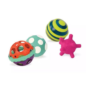 Ball a Ballos BX1462 Set de 4 pelotas con Actividades B Toys 71462 texturas sonidos luz para estimular los 5 sentidos