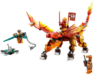 Dragón del Fuego EVO de Kai LEGO® NINJAGO® (71762) que, gracias a su armadura dorada, aumenta su tamaño, fuerza y rapidez • 3 minifiguras.Incluye a Kai con una espada.