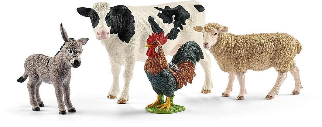 Schleich - Set 4 figuras de Iniciación Farm World. Burro, Vaca, Gallo, Oveja.