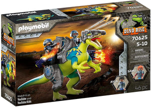  Dino Rise Spinosaurus Playmobil , Equipado con cañones que disparan, armadura extraíble, las figuras pueden montar en el Spinosaurus. 