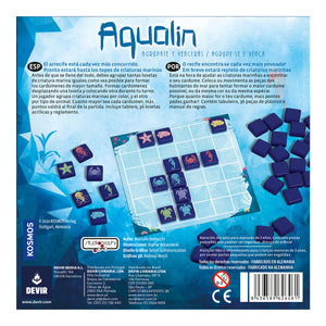 Aqualin es un juego estratégico de colocación de losetas para 2 jugadores, a partir de 8 años, que ofrece partidas de unos 20 minutos de duración. En un arrecife rebosante de vida marina, los jugadores compiten para sumar la máxima puntuación posible