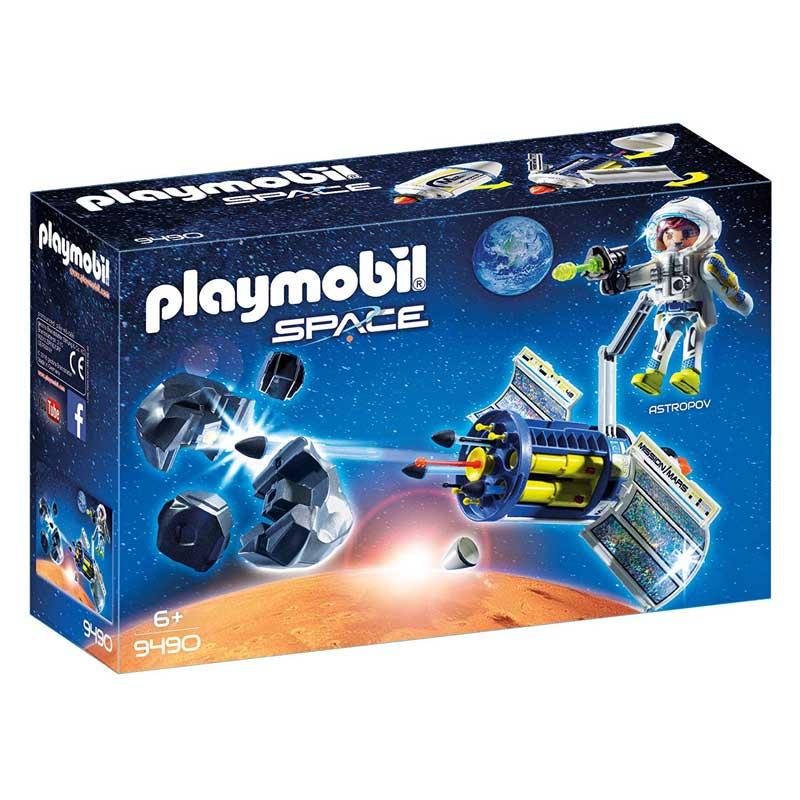 Satélite Playmobil con disparador láser para destrui el meteorito que se rompe al presionar las partes individuales. Las alas laterales giratorias se pueden ajustar. dispone de brazo extensible y giratorio 