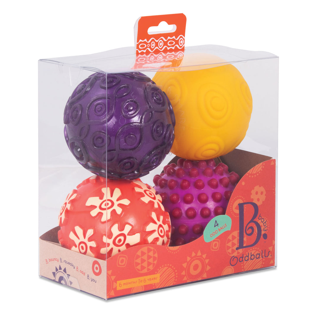 Conjunto de 4 pelotitas con colores y tacto diferentes ofreciendo al bebé experiencias sensoriales.