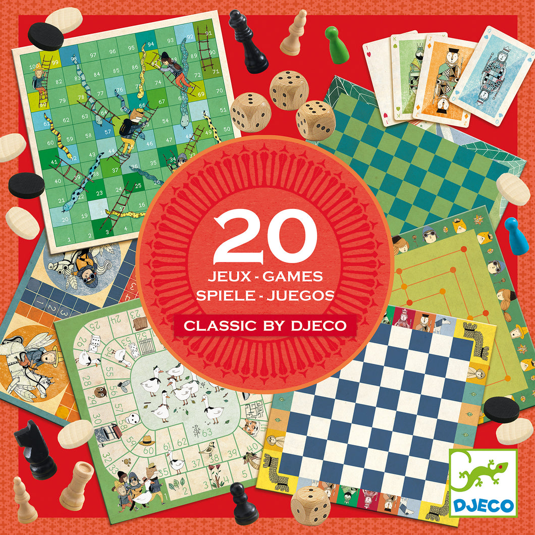 20 Juegos Clásicos DJ05219 Djeco 35219 en madera y cartón duro con diseño de Djeco guardados en una preciosa caja 