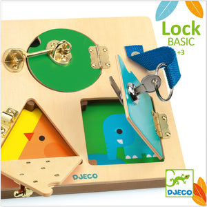 Lock Basic Juego de Manipulación de Madera DJ06213 Djeco 36213 con 3 cierres metálicos cerrojo balda y cerradura con llave