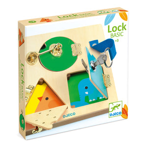Lock Basic Juego de Manipulación de Madera DJ06213 Djeco 36213 con 3 cierres metálicos cerrojo balda y cerradura con llave