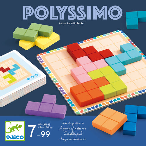  Polyssimo El objetivo es formar el cuadrado entero utilizando todas las piezas. El jugador da la vuelta a una carta desafío y primero tiene que colocar las piezas tal y como se indica, ya que son la base. 
