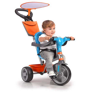  triciclo Baby Trike Music es un triciclo evolutivo de color azul y detalles naranja. Va evolucionando así como los niños van creciendo. Tiene ruedas de goma silenciosas. Parasol.