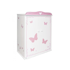 armario de madera lacado blanco con motivos rosas de mariposas, pon los vestidos en las perchas. Medidas: 39 x 53 x 21 cm Incluye 2 perchas.