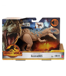 Rajasaurus es una figura de acción de Jurassic World . Es un saurio de tamaño medio con movimiento accionado mediante presión en su espalda y también tiene sonido de rugido.