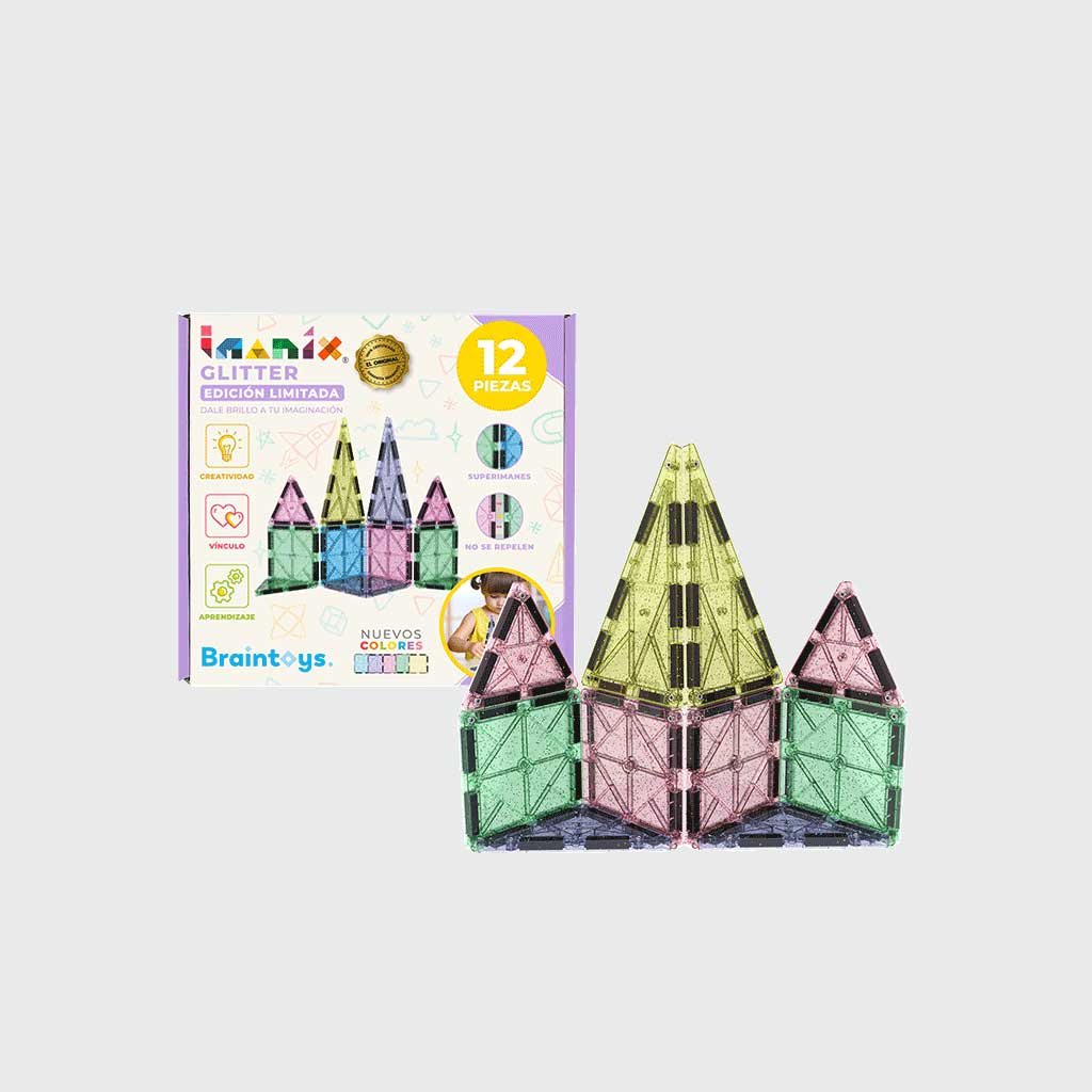 Imanix Glitter 12 piezas,Sigue el mágico camino del arcoiris Imanix Glitter está pensado especialmente para incorporar una pizca de alegría y carácter a las formas 2D y 3D de tu juego de construcción.