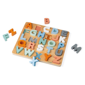 Puzzle Abecedario Encajes de Madera y Pizarra de tiza Janod J04412 con 26 letras de palo por lado puzle y el otro pizarra