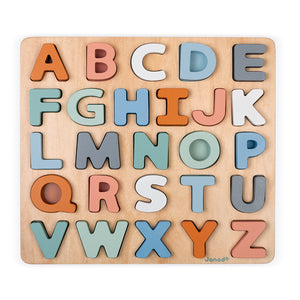 Puzzle Abecedario Encajes de Madera y Pizarra de tiza Janod J04412 con 26 letras de palo por lado puzle y el otro pizarra