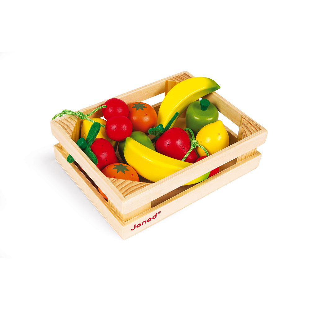 Frutas de madera para jugar a supermercados o cocinitas Surtido compuesto de: 2 fresas, 2 cerezas, 2 plátanos, 2 manzanas, 2 naranjas y 2 limones Todas la frutas vienen dentro de una caja de fruta de madera
