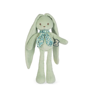 Conejito de peluche micropana color verde claro con orejas muy largas ideal para bebés de fácil agarre se ata por las orejas