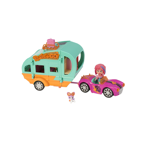 Kookyloos Kooky Caravan coche con caravana de Mia, perrito, muebles, cocina, maletas, muñeca que cambia la expresión