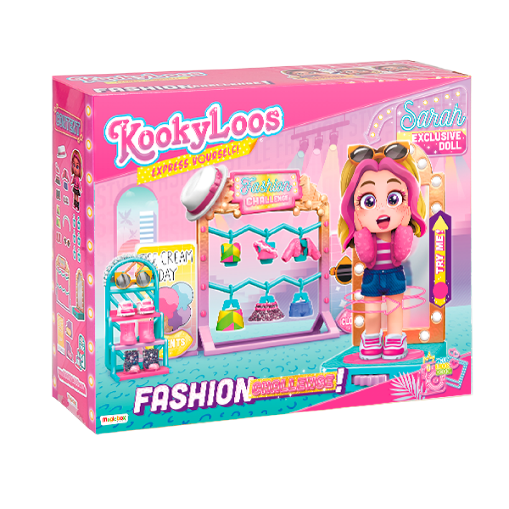 KooKyloos Fashion Challenge Sarah Magicbox PKLSP114IN10 con más de 50 combinaciones de moda para vestir cambios de expresión