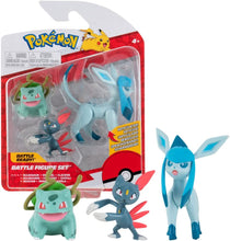 Cargar imagen en el visor de la galería, Pokémon Pack de 3 Figuras Bulbasaur, Sneasel, Glaceon Jazwares figuras de batalla de 5 y 8 cm para luchar con las bolas 