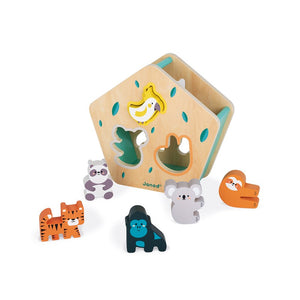 aja de Formas Animales ,Fantástica caja de formas por ambas caras con 6 personajes con formas de animales.Juguete de madera maciza con certificación FSC y pintura al agua. Linea de juguetes sostenibles WWF