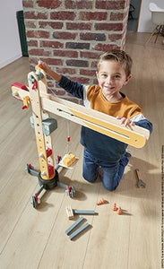  grúa de construcción de madera para imaginar que eres un jefe de obra experimentado! Este gran juguete de 74 cm de altura será la pieza central de grandes historias infantiles.
