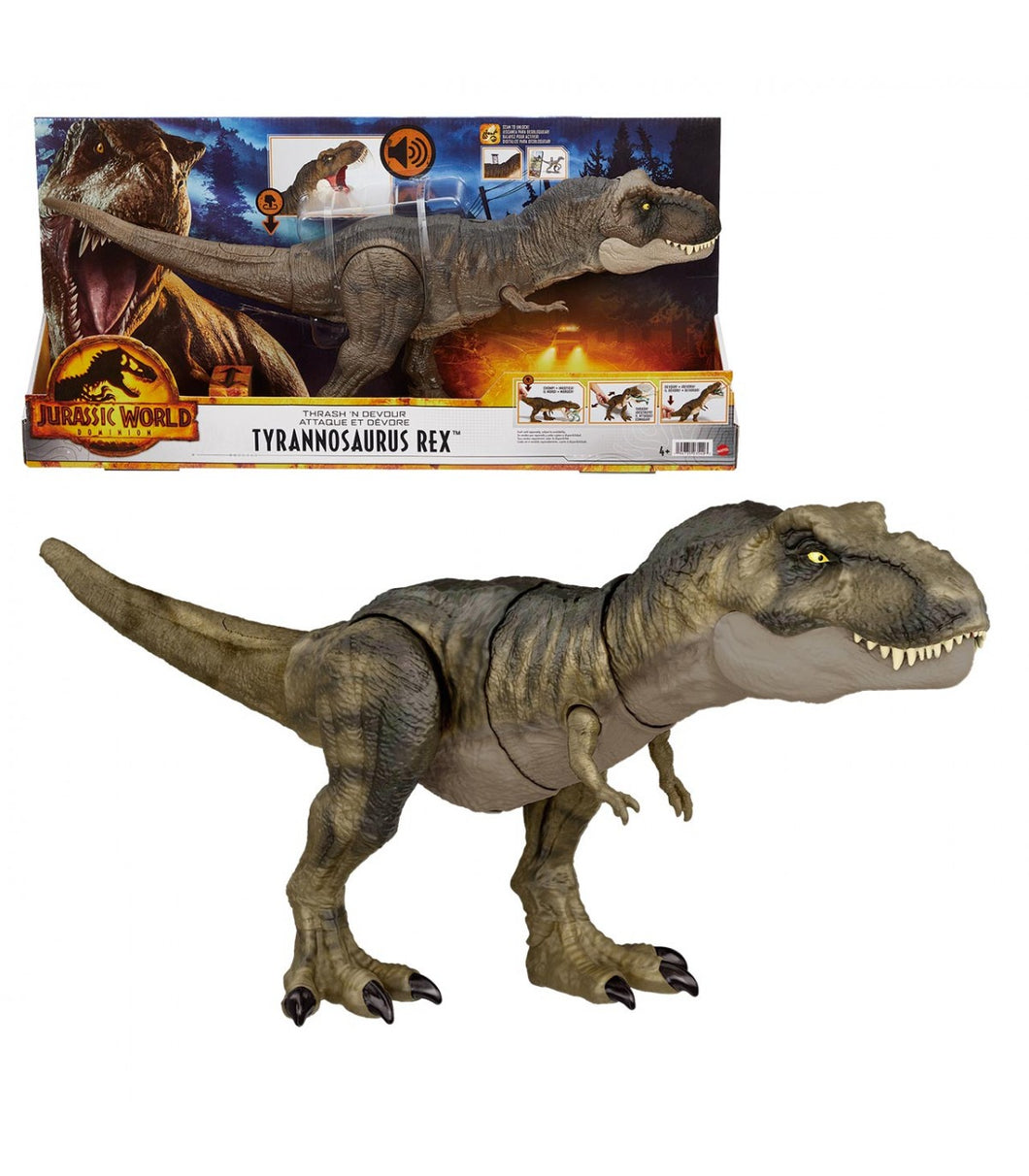 Jurassic World Trex Golpea y Devora vuelve más furioso que nunca!. Este fantástico Tiranosaurio Rex es totalmente articulado. ¡Podrás simular tus películas favoritas