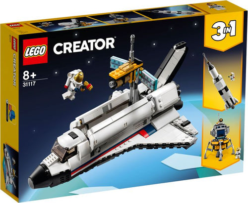 LEGO® Creator; 3 en 1 Aventura en Lanzadera Espacial (31117) permite interpretar increíbles historias repletas de acción con 3 maquetas en 1: una lanzadera espacial, un cohete de juguete y un módulo de alunizaje. 