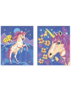 Unicornios colorear por números,Con este juego podrás pintar dos láminas de unicornios por el sistema de pintar por colores. Incluye 15 colores de acuarela y un pincel dispensador de agua para no tener que mojar cada vez. 