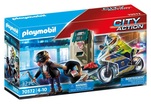 El set contiene dos figuras de PLAYMOBIL, una moto, un cajero automático, una palanca, un saco, billetes y muchos otros extras.