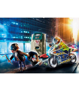 El set contiene dos figuras de PLAYMOBIL, una moto, un cajero automático, una palanca, un saco, billetes y muchos otros extras.