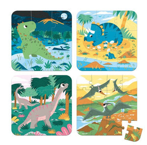 4 puzzles de dinosaurios evolutivo: 6, 9, 12 y 16 piezas. Son de cartón grueso. Vienen presentados en una caja con asa, para poder guardar bien y llevar a cualquier sitio.