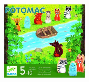 Juego de mesa Potomac, consiste en hacer cruzar el río a todos los animales de forma cooperativa antes de que llegue el lobo.