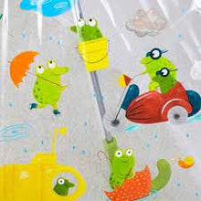 Cargar imagen en el visor de la galería, Paraguas ranita. Para no mojarse bajo la lluvia y dar un paseo divertido. Mide, en vertical 68 cm. Es transparente con divertidos dibujos y tonos verdosos.
