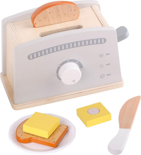  Tostadora de madera con accesorios. Incluye: dos tostadas de pan, dos trozos de mantequilla, un cuchillo. El complemento ideal para las cocinitas y para un desayuno bien apetitoso.