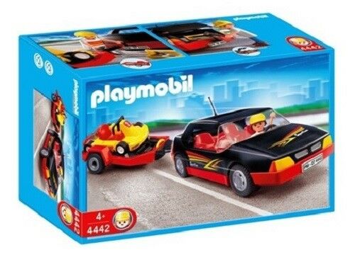  Coche de Playmobil con remolque trasportador de kart. Incluye figura. 