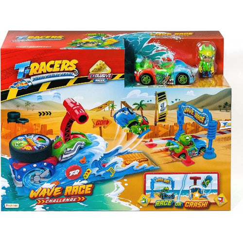 T-Racers disparador Wave Race Launcher. Si presionas en rojo, la ola engullirá a Croco. En azul, has esperado demasiado y acabará mojado y furioso. Dale al verde para que tu T-Racer salga disparado rápidamente y evite acabar en el fondo del océano.