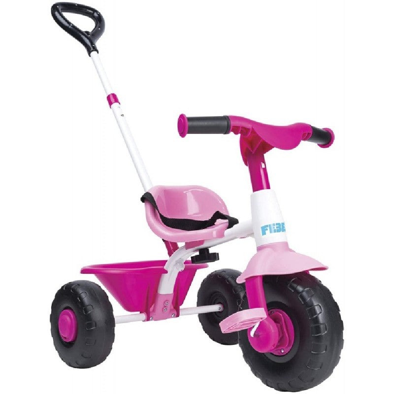  Feber Baby trike rosa es el triciclo; 2 en 1 más ligero y económico de FEBER, estructura metálica para mayor resistencia, cinturón de seguridad, asa regulable, embrague manual para bloqueo de pedales y volquete.