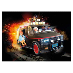 Playmobil vehículo del Equipo A con un amplio equipamiento interior, así como los legendarios personajes Hannibal, B.A., Face y Murdock.